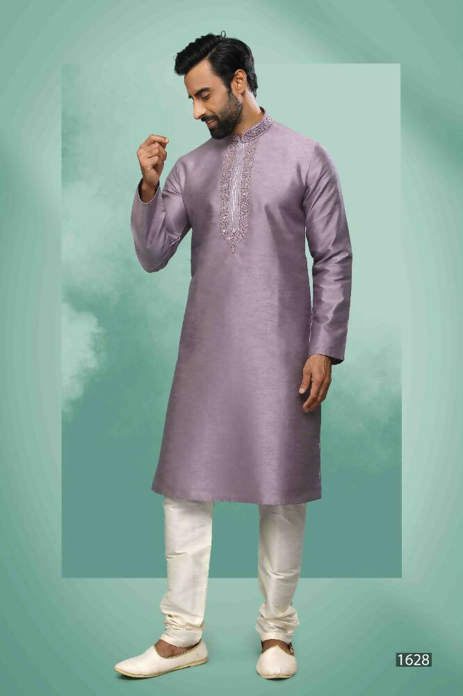 Raivat Ethnic Art Silk Mirror Embroidery Work Kurta Pajama In Lavender Colour - Dista