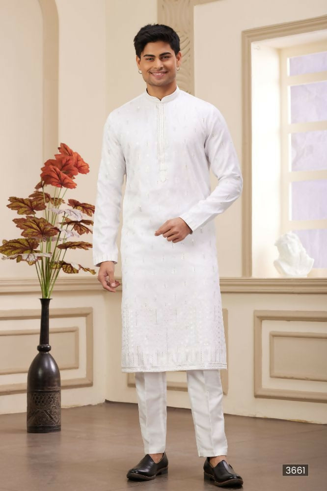 Raivat Ethnic Art Silk Thread Work Kurta Pajama In Off White Colour