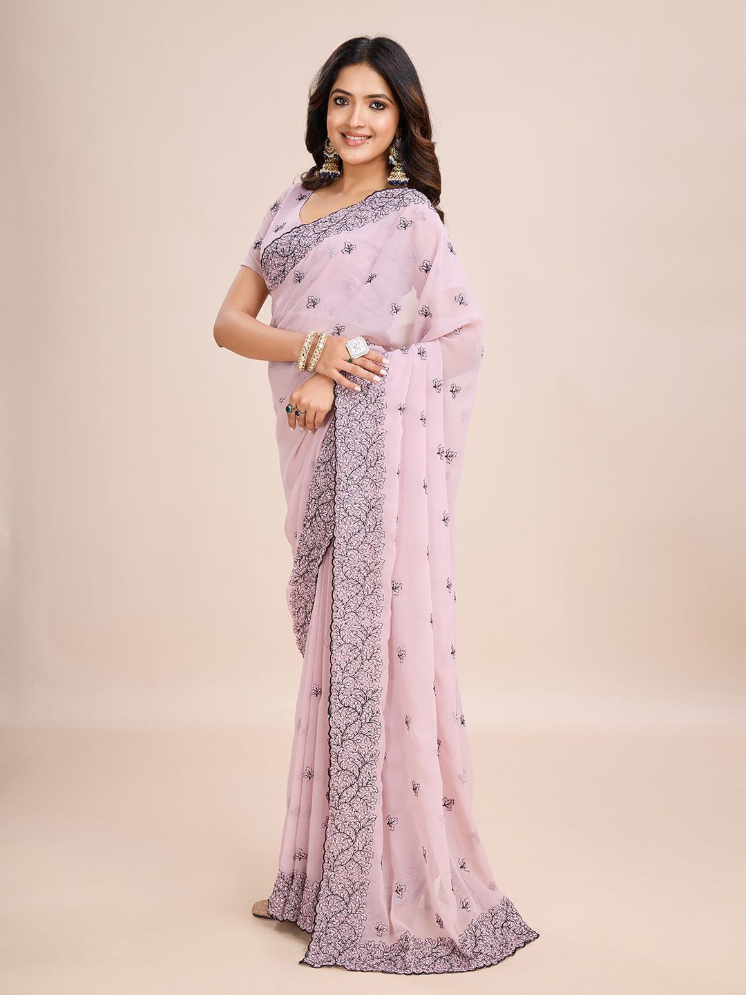 kasee Floral Embroidered Pure Chiffon Ready to Wear Saree - Distacart