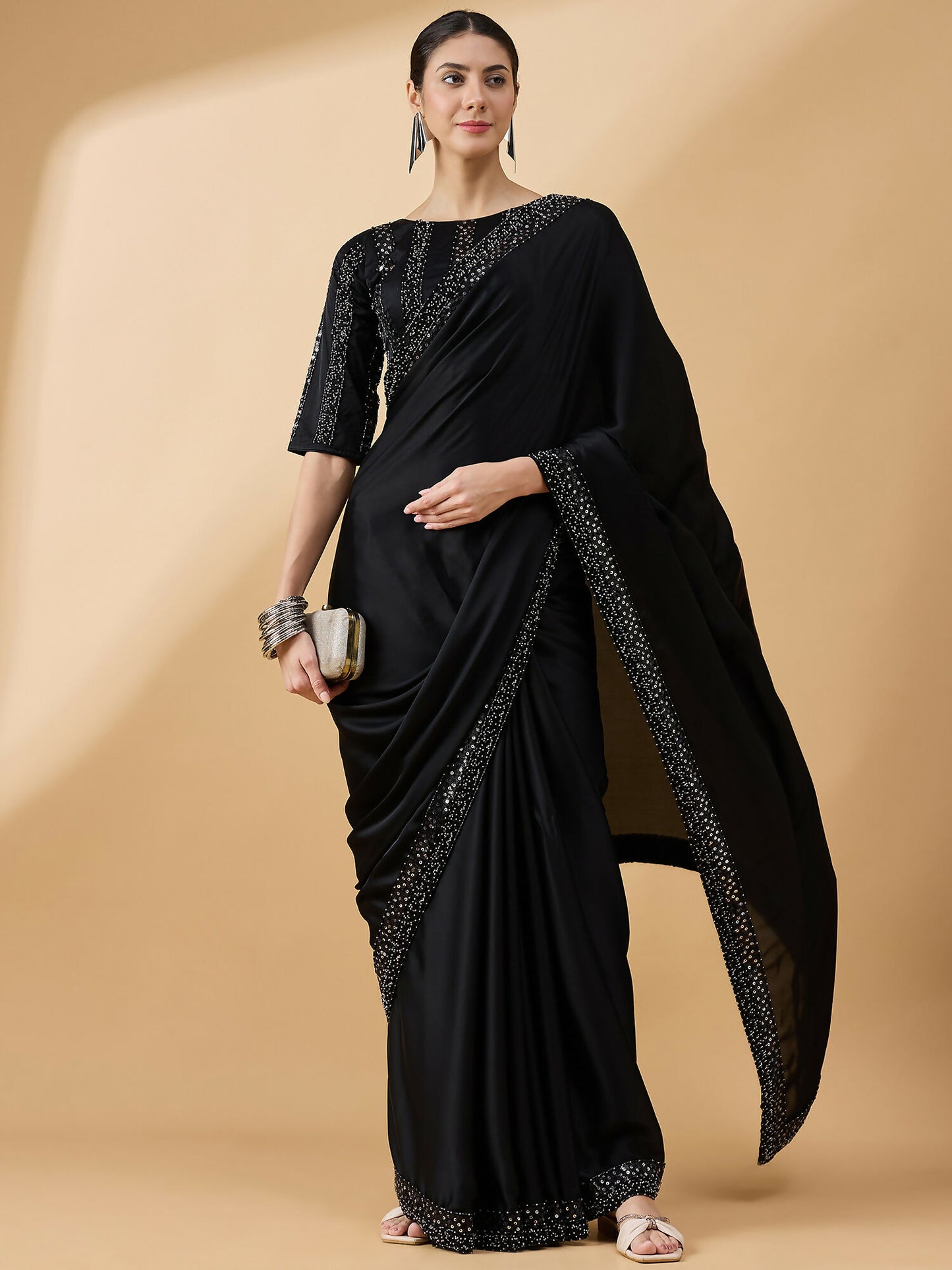 Black Satin Solid Sequence Work Saree with Stitched Blouse - Dharavi - Distacart