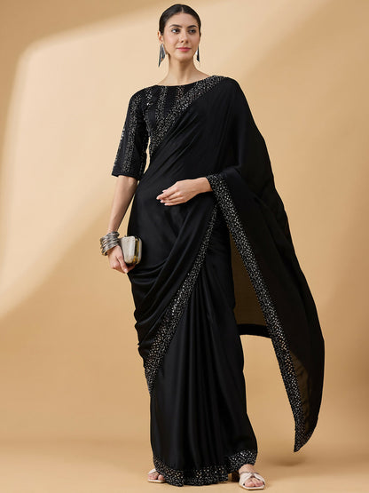 Black Satin Solid Sequence Work Saree with Stitched Blouse - Dharavi - Distacart