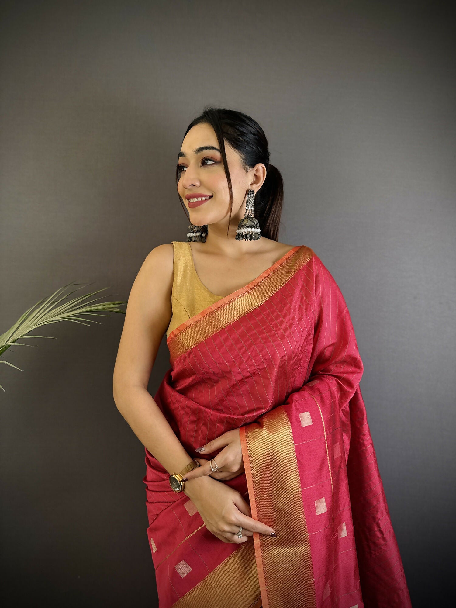 Joban Fashion Hot Pink Bhagalpuri Cotton Silk Stripes/Box Saree - Distacart