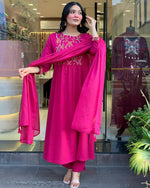 Thumbnail for The52 Pink Women's Gorgeous Chanderi Fabric Embroidered Work Straight Kurta Pant and Dupatta Set - Distacart