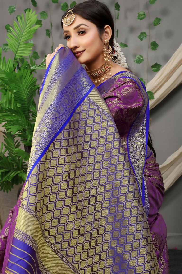 Jyoti Fashion Women's Purple Kanjivaram Silk Zari Woven Saree with Blouse - Distacart