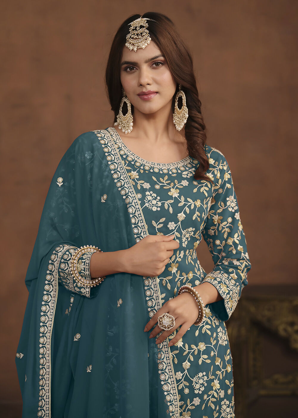Faux Georgette Teal Blue Embroidered Festive Salwar Suit - Emponline - Distacart
