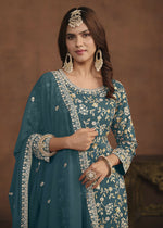 Thumbnail for Faux Georgette Teal Blue Embroidered Festive Salwar Suit - Emponline - Distacart
