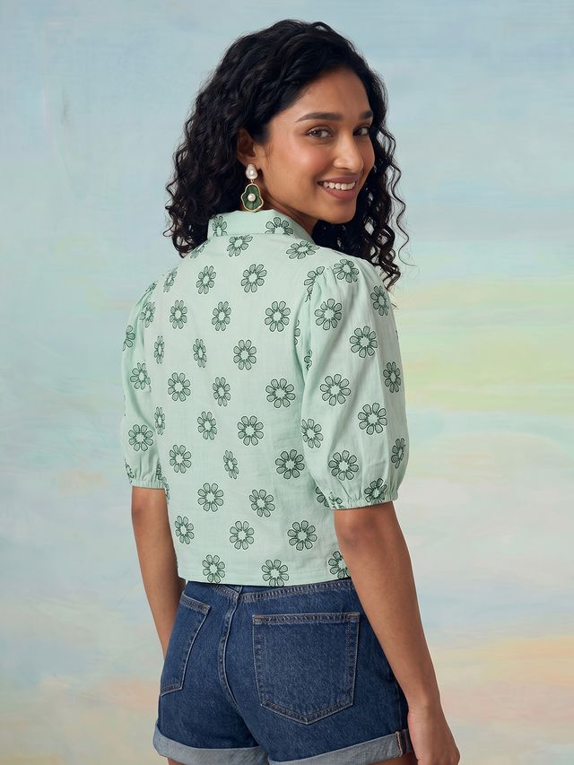 Janasya Sea Green Crop Cotton Top - Dista