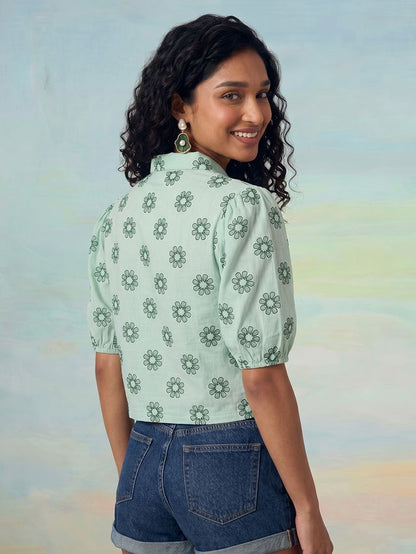 Janasya Sea Green Crop Cotton Top - Dista