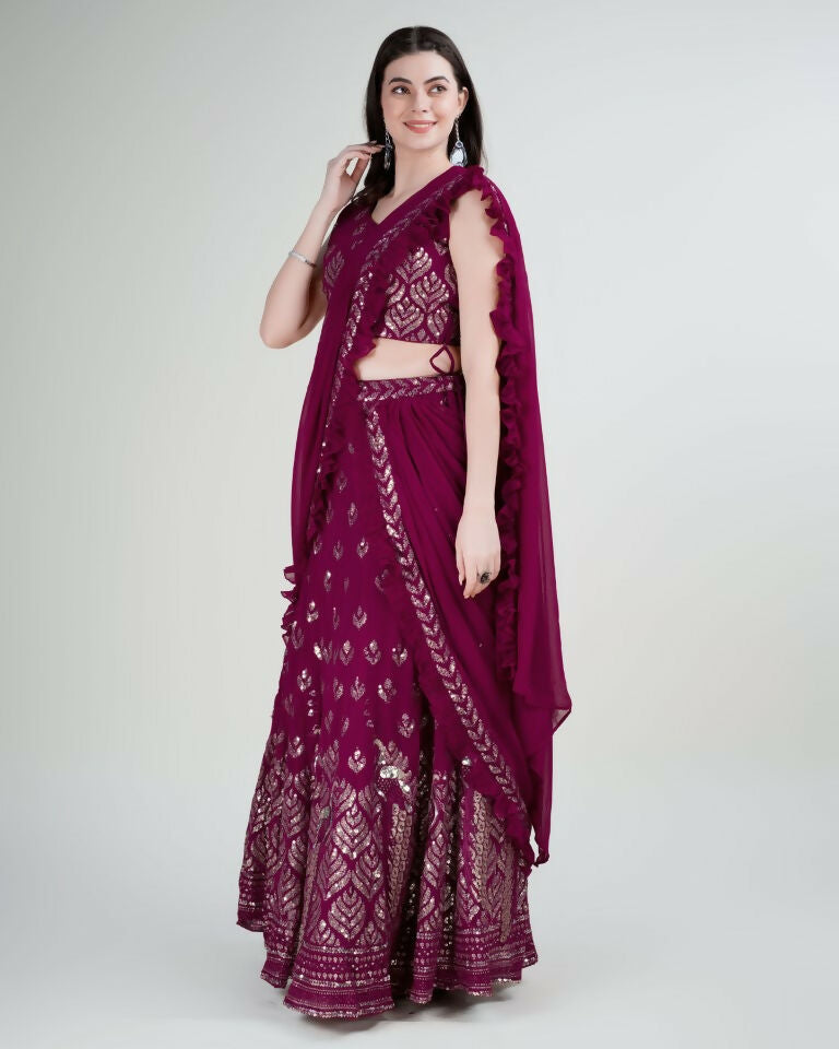 Pink Georgette Sequence Embroidered Lehenga Choli with Dupatta - Tanya - Distacart