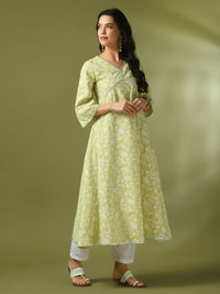Thumbnail for Myshka Women'sLime Green Printed Cotton Anarkali Party Kurta Set - Distacart