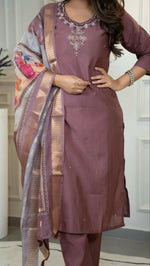 Thumbnail for Preksha Creation Premium Roman Silk Hand Work Kurti Pant Dupatta Set