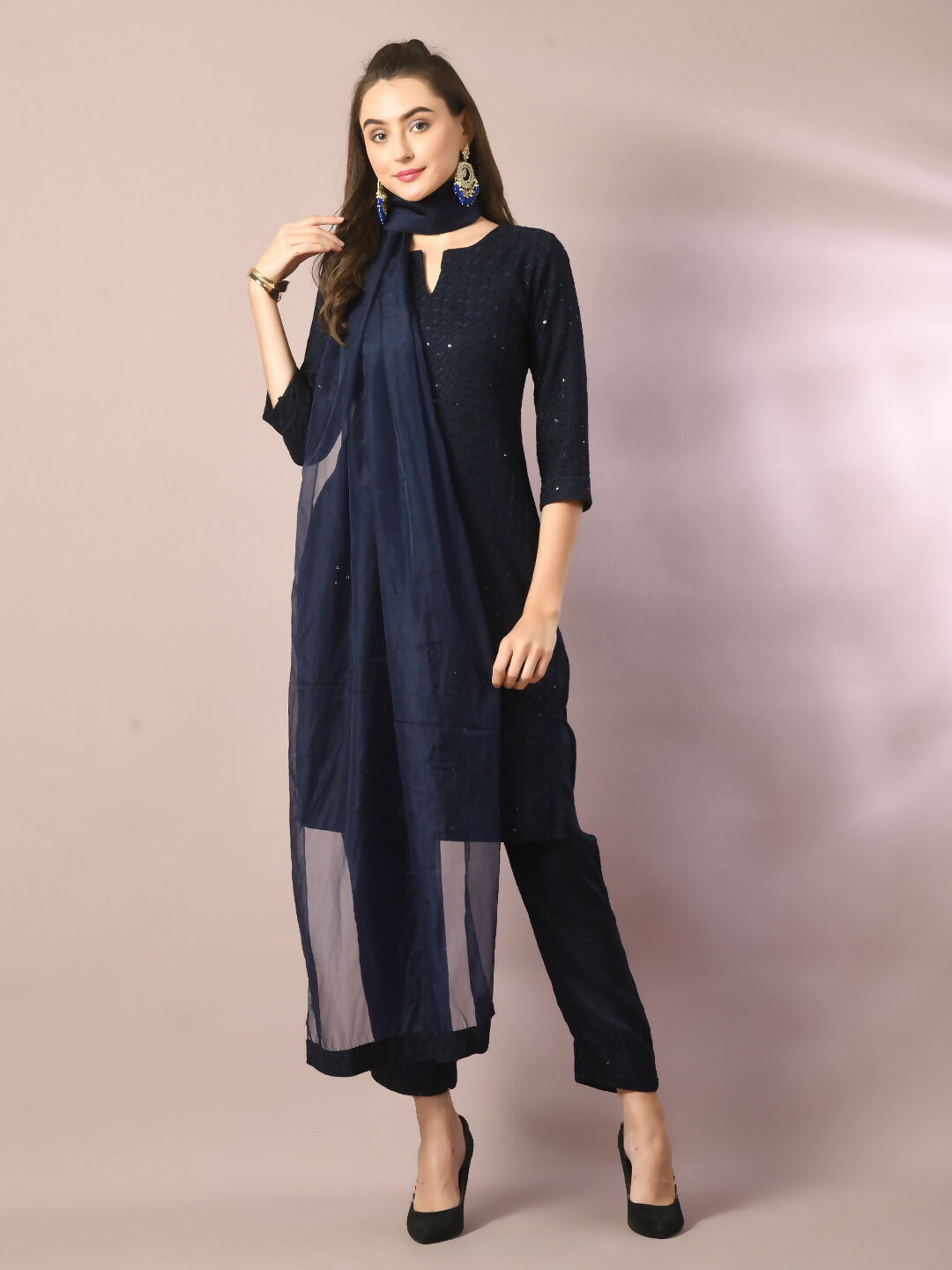 Myshka Women's Navy Blue Embroidered Cotton Straight Party Kurta Set With Dupatta - Distacart