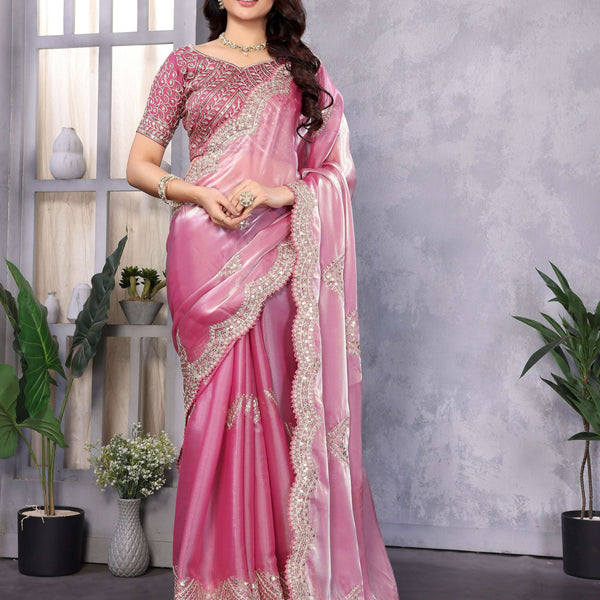 Vastranavya Baby Pink Embroidery Work Shimmer Chiffon Saree with Unstitched Blouse
