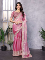 Thumbnail for Vastranavya Baby Pink Embroidery Work Shimmer Chiffon Saree with Unstitched Blouse
