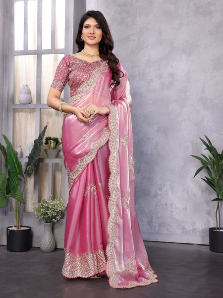 Vastranavya Baby Pink Embroidery Work Shimmer Chiffon Saree with Unstitched Blouse