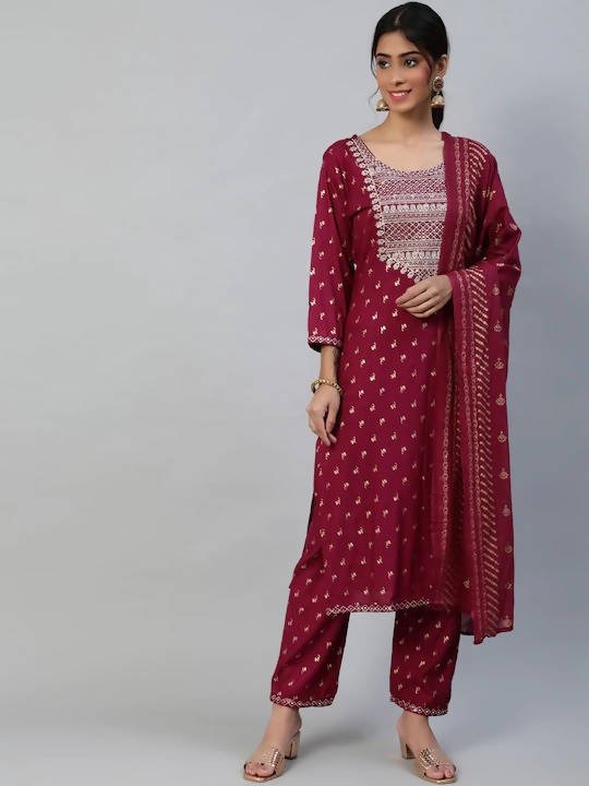 Anubhutee Maroon Embroidered Kurta with Palazzos & Dupatta - Distacart