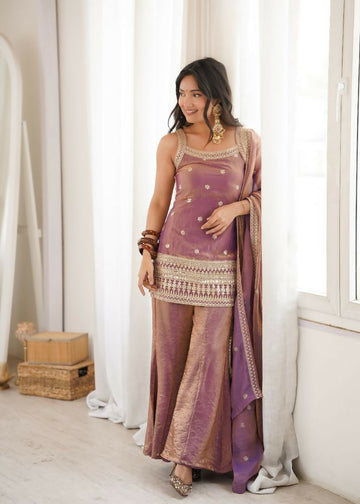 Teeya Creation Mauve Pink Embroidered Frendy Silk Sharara Suit Set - Dista