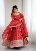 Thumbnail for The52 Women's Beautiful Embroidery Work Crunchy Silk Fabric Flared Anarkali and Dupatta Set - Distacart