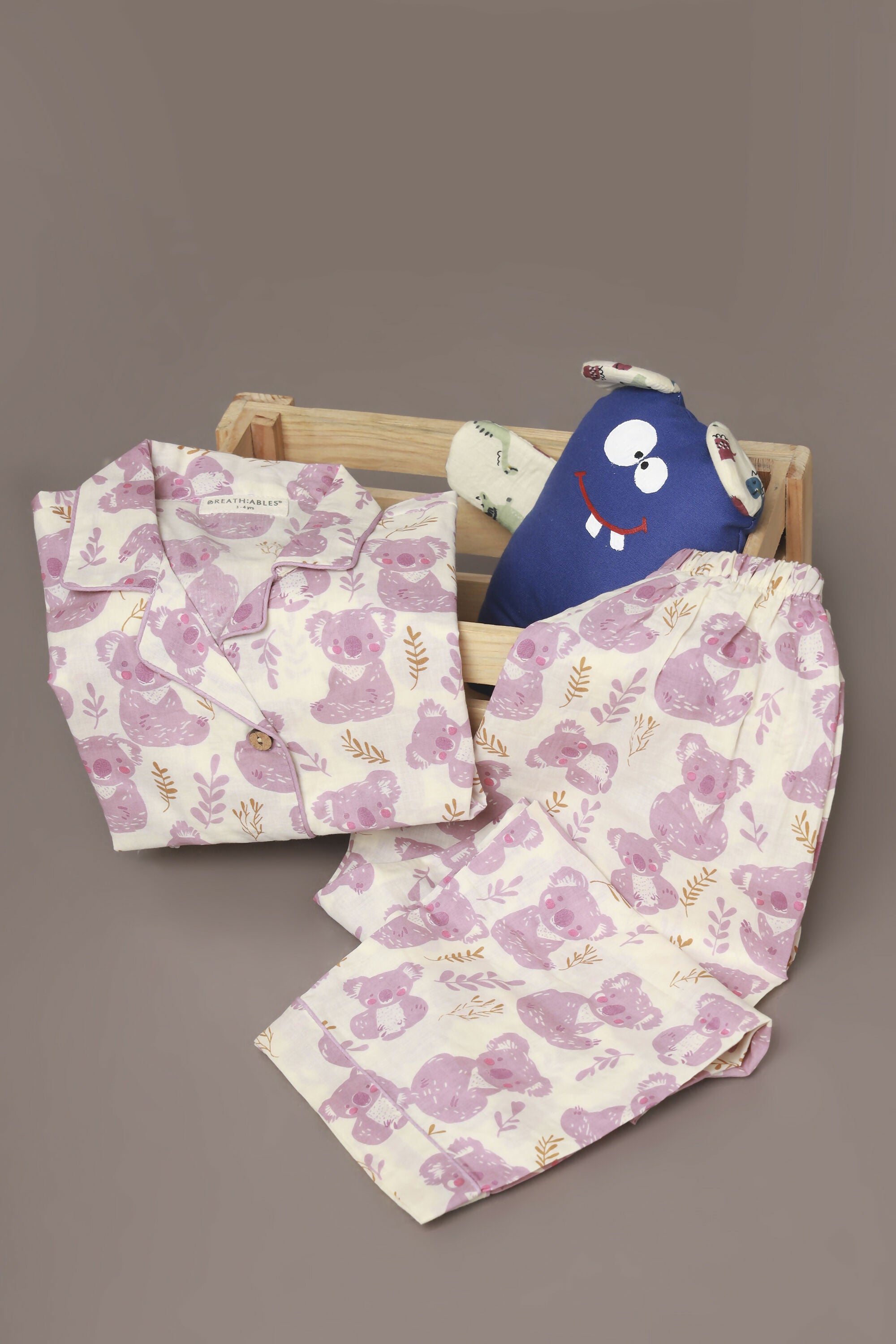 Breathables Kids Cotton Night Suit – White & Pink Teddy Shirt & Pyjama Co-Ord Set For Boys & Girls - Dista