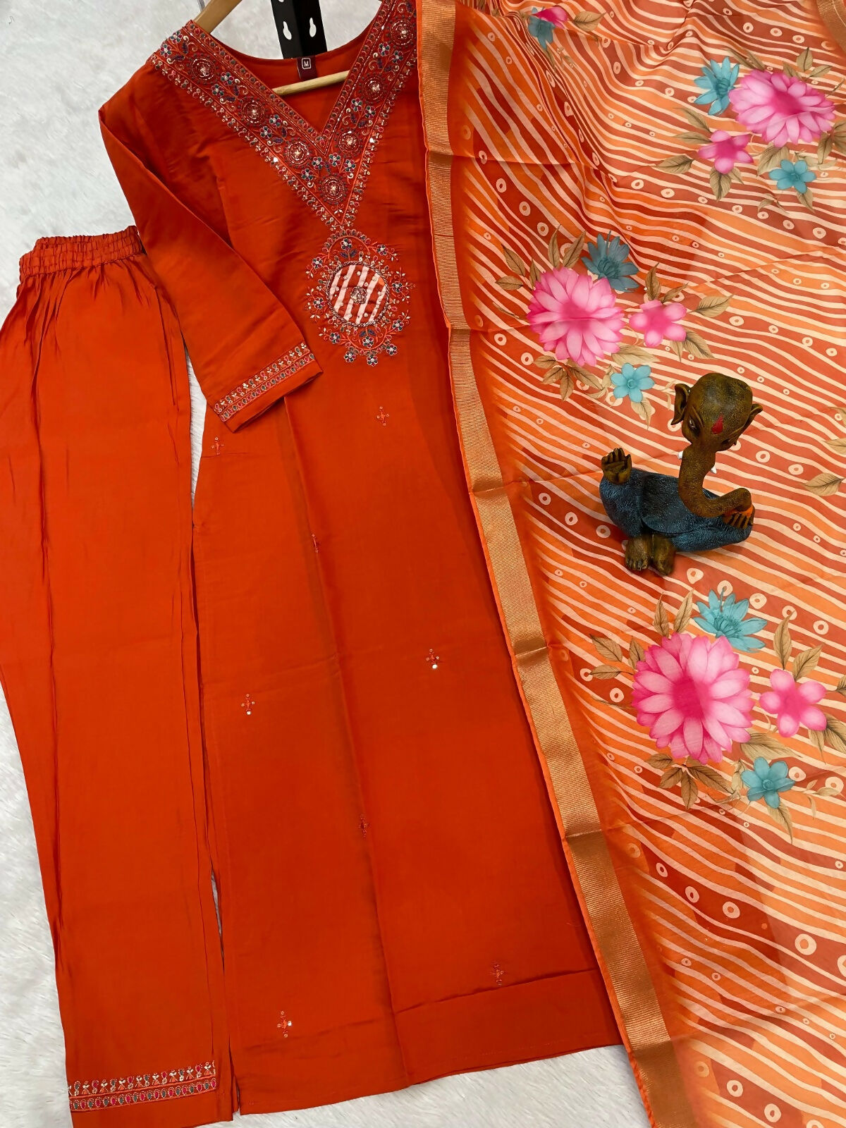 Teeya Creation Womens Orange Embroidered Kurta Pant Set - Dista