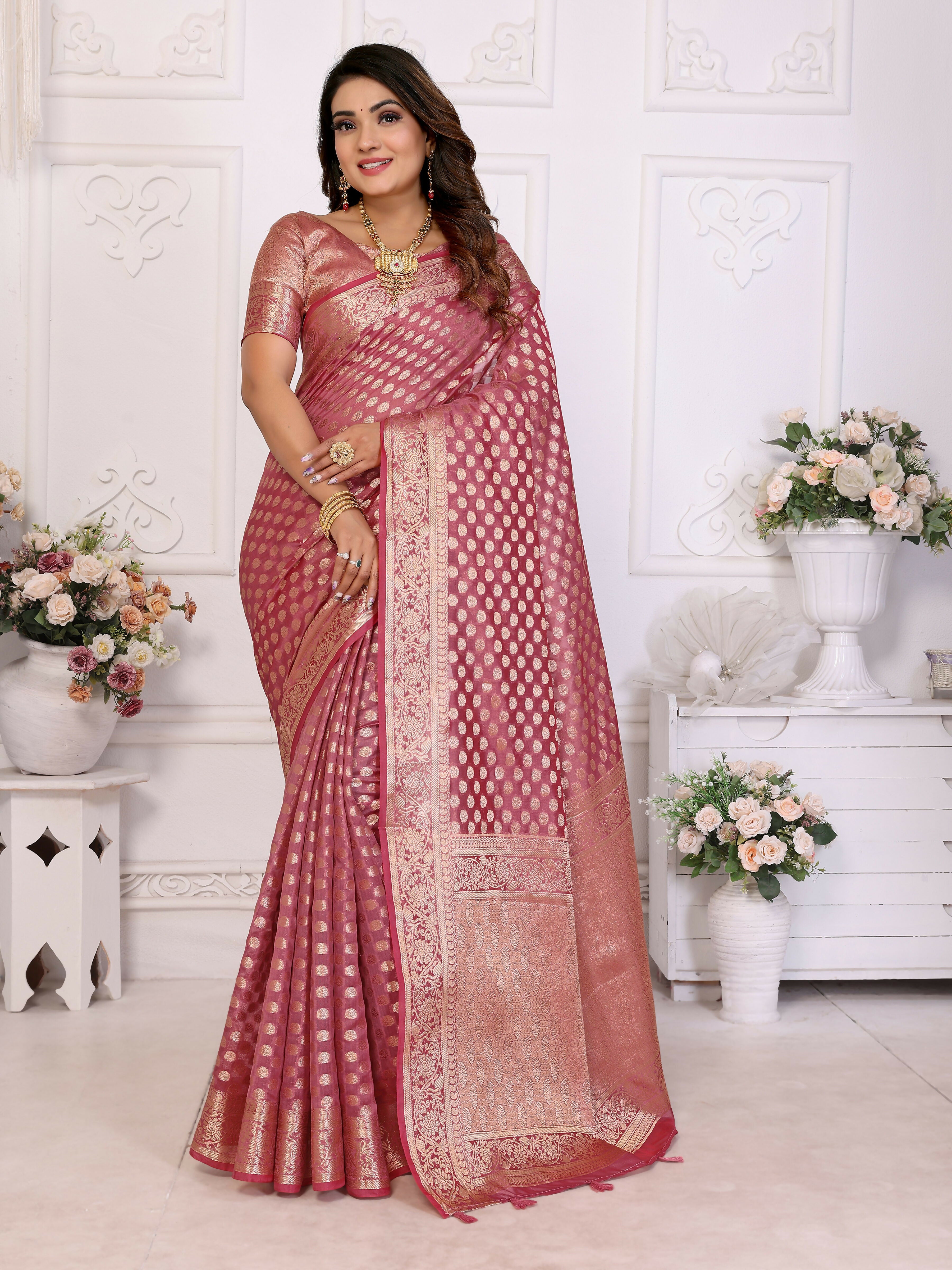 Aastha Fashion Light Pink Organza Silk Weaving Saree - Distacart