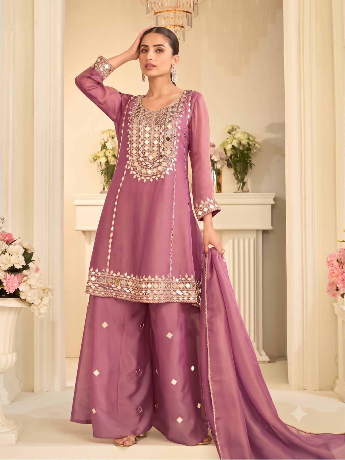 Evanik Mauve Silk Blend with Hand Work with Real Mirror Kurta Palazzo with Dupatta