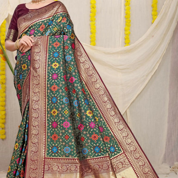 Jyoti Fashion Women's Bottle Green Patola Silk Zari Woven Saree with Blouse - Distacart