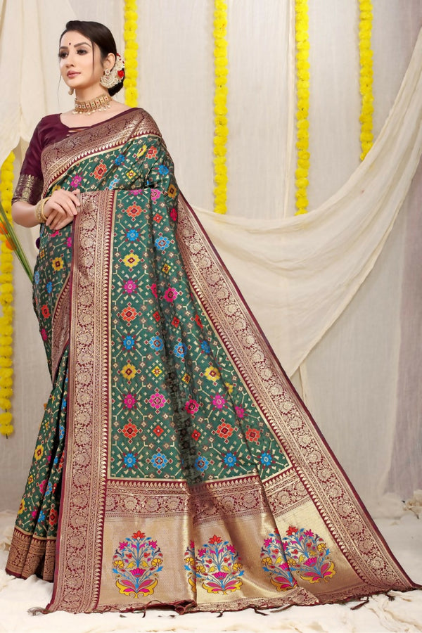 Jyoti Fashion Women's Bottle Green Patola Silk Zari Woven Saree with Blouse - Distacart