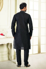 Thumbnail for Raivat Ethnic Jacquard Banarasi Silk Thread Work Kurta Pajama In Black Colour - Distacart