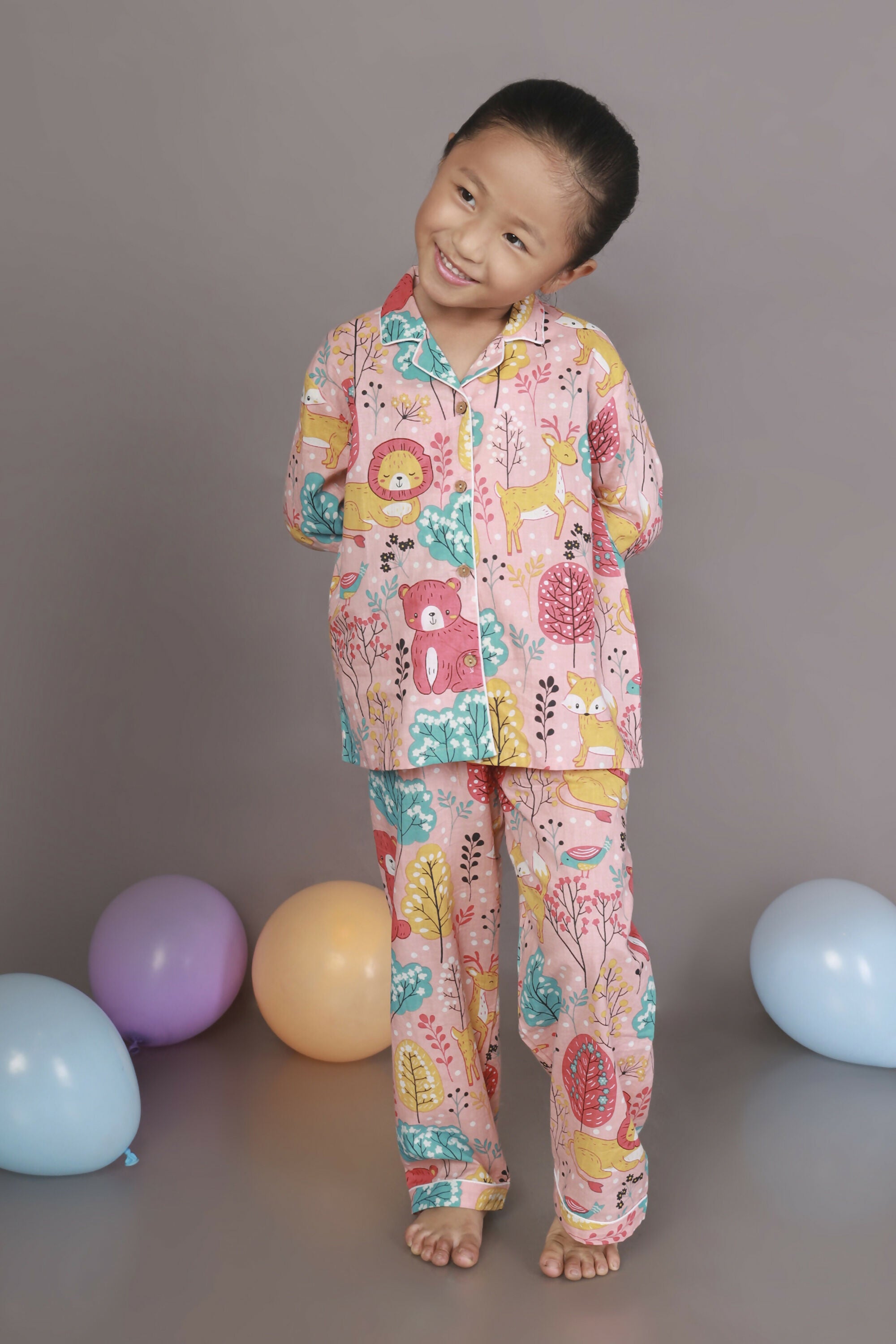 Breathables Kids Cotton Night Suit – Peach Lion & Teddy Shirt & Pyjama Co-Ord Set For Boys & Girls - Dista