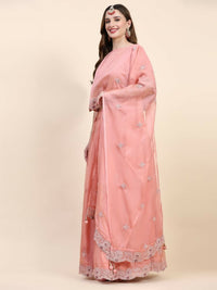Thumbnail for Peach Silk Embroidered Poncho Pattern Top & Lehenga with Dupatta - Tanya - Distacart