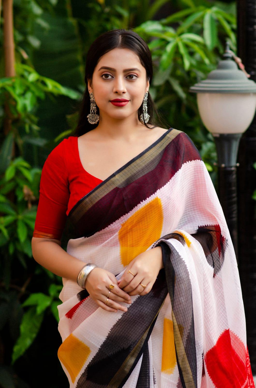 White Polycotton Ethnic Motifs Saree with Unstitched Blouse - A2M