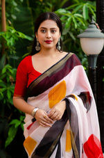 Thumbnail for White Polycotton Ethnic Motifs Saree with Unstitched Blouse - A2M