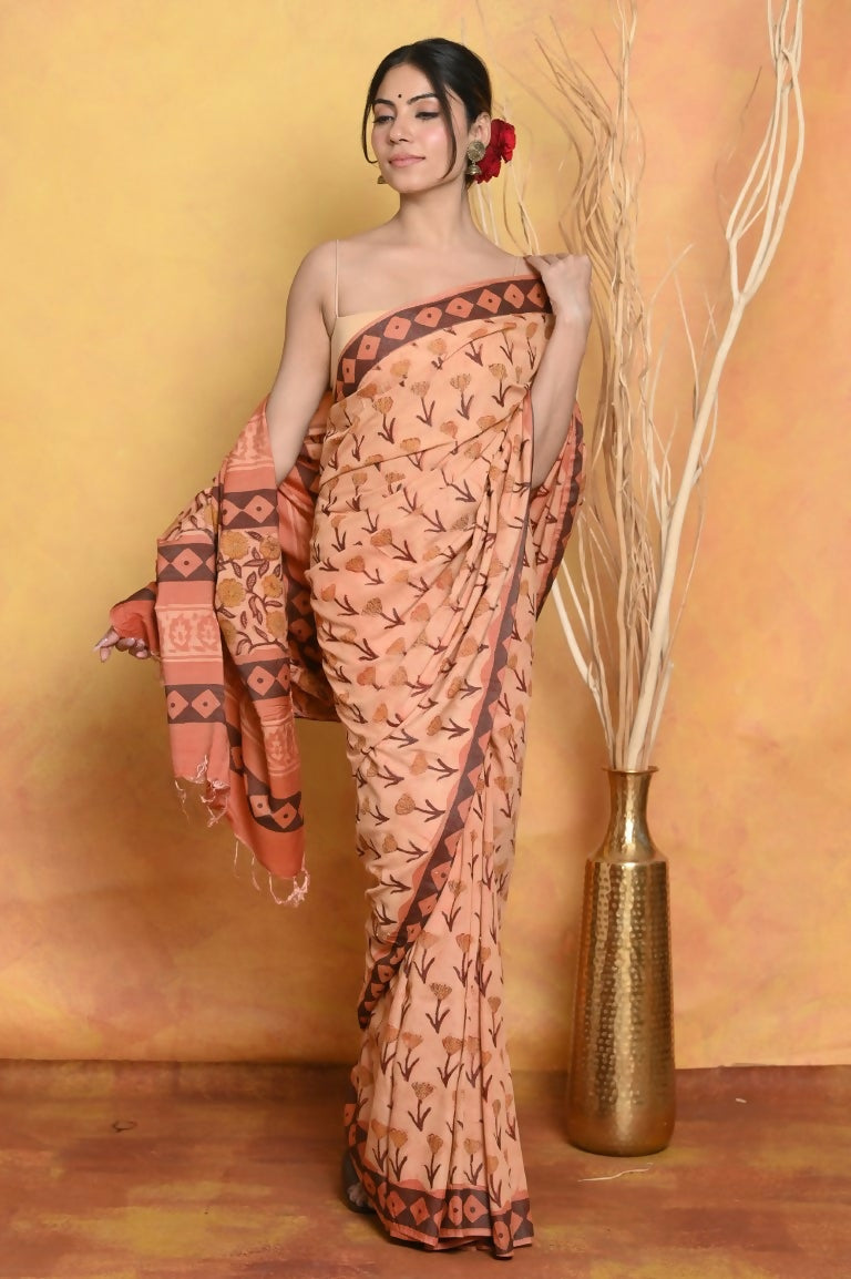 Very Much Indian Designer Modal Silk Saree With With Beautiful Floral Print - Light Orange - Distacart