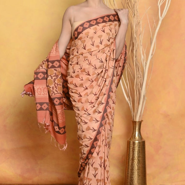 Very Much Indian Designer Modal Silk Saree With With Beautiful Floral Print - Light Orange - Distacart