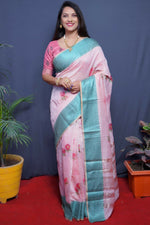 Thumbnail for Jyoti Fashion Women's Teal Linen Silk Digital Print with Jacquard Woven Border Saree with Blouse - Distacart