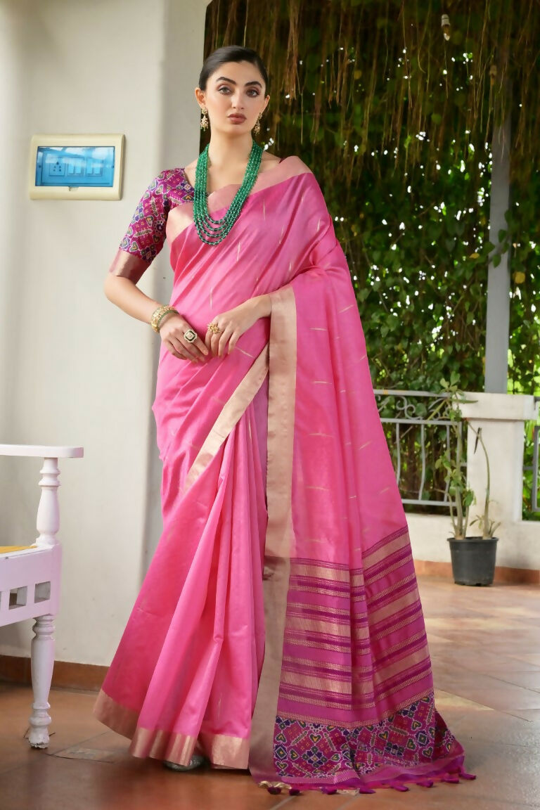 Vishnu Weaves Women's Pink Raw Silk Patola Zari Woven Saree with Blouse
