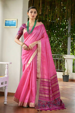 Thumbnail for Vishnu Weaves Women's Pink Raw Silk Patola Zari Woven Saree with Blouse