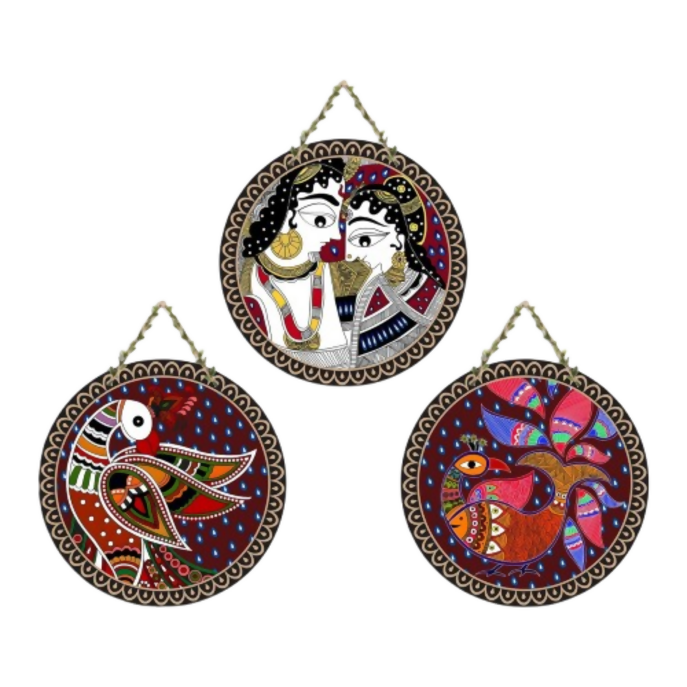 Artvibes Madhubani Folk Art Round Shape MDF Wooden Wall Decor Items - Dista