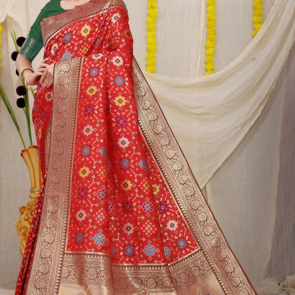 Jyoti Fashion Women's Red Patola Silk Zari Woven Saree with Blouse - Distacart