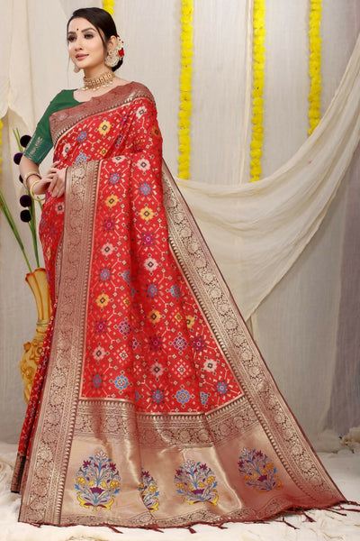 Jyoti Fashion Women's Red Patola Silk Zari Woven Saree with Blouse - Distacart