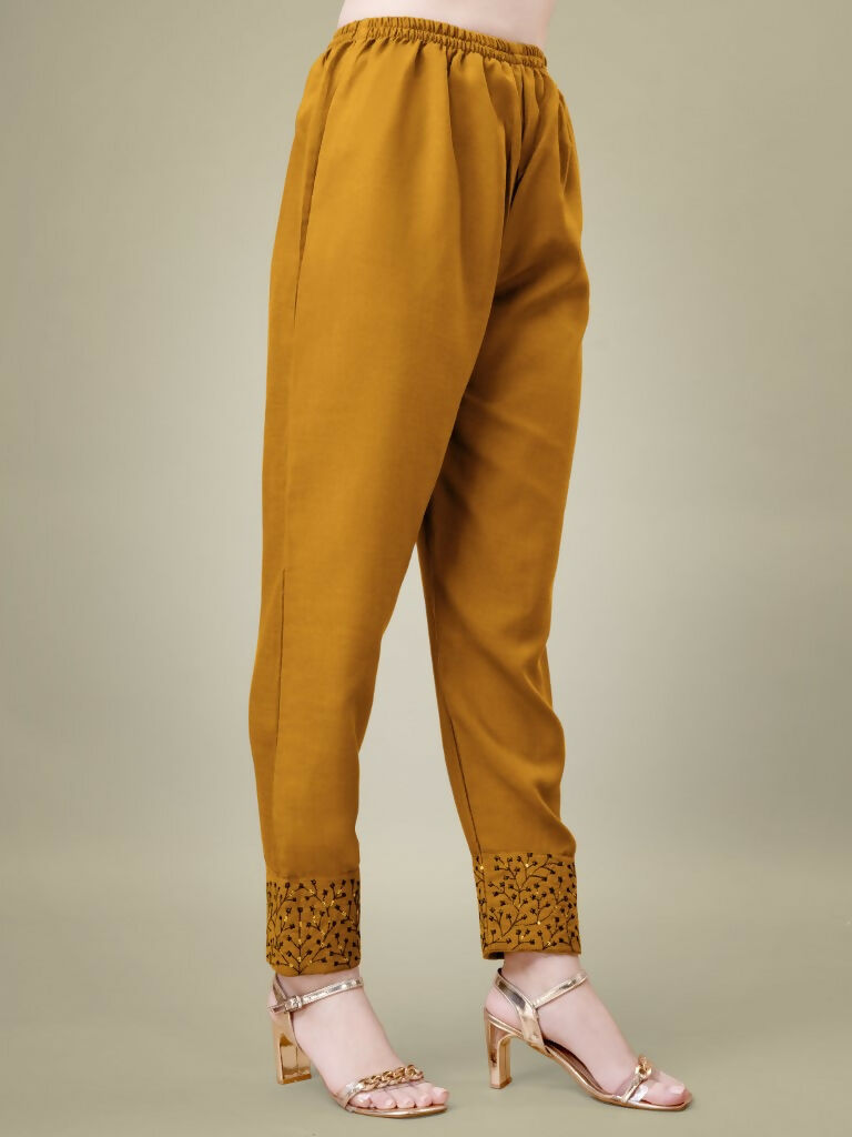 Jyoti Fashion Women's Mustard Cotton Blend Embroidery & Sequence work Kurta with Trouser & Dupatta - Distacart