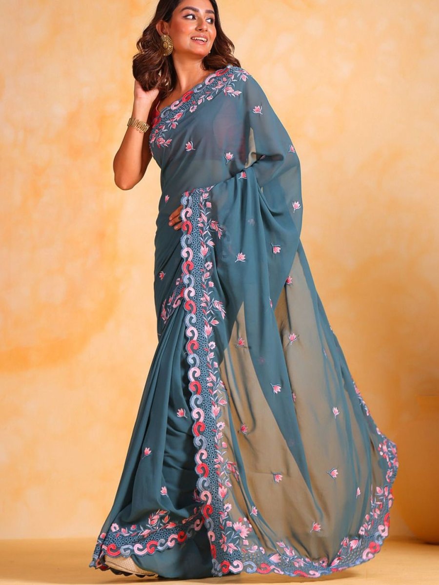 Anouk Floral Embroidered Pure Georgette Saree