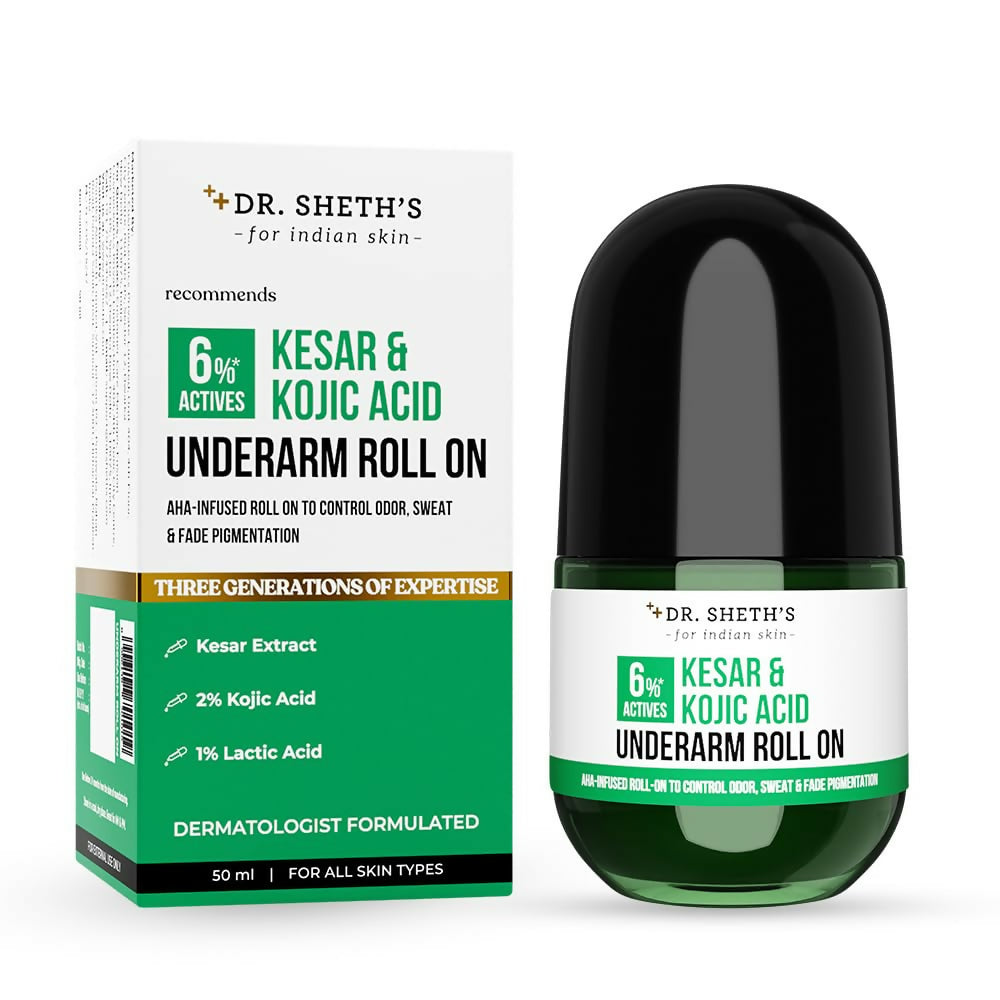 Dr. Sheth's Kesar & Kojic Acid Underarm Roll-on 6% Actives -AHA, Kojic Acid & Niacinamide, Controls Body Odor, Sweat & Fade Pigmentation - Distacart