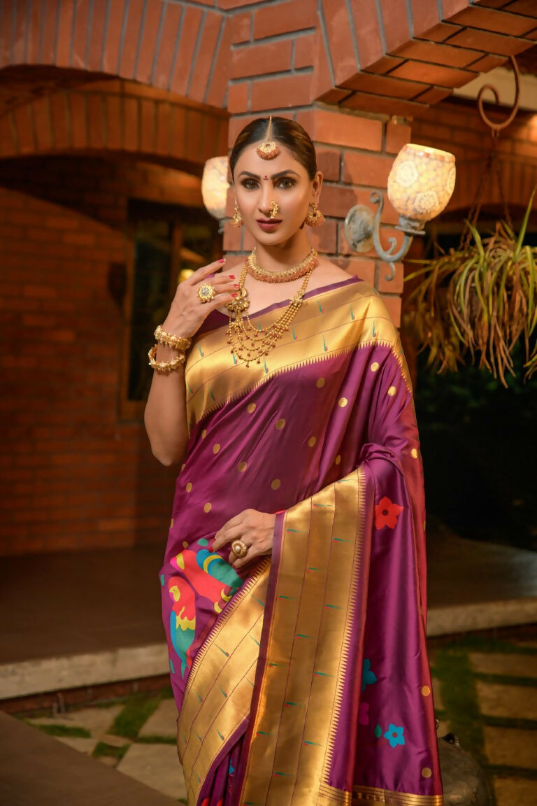 Jyoti Fashion Women's Wine Paithani Silk Zari Woven Saree with Blouse - Distacart