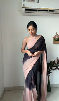 Thumbnail for Malishka Georgette Printed Ready To Wear Saree With Blouse Piece - Peach Black - Distacart