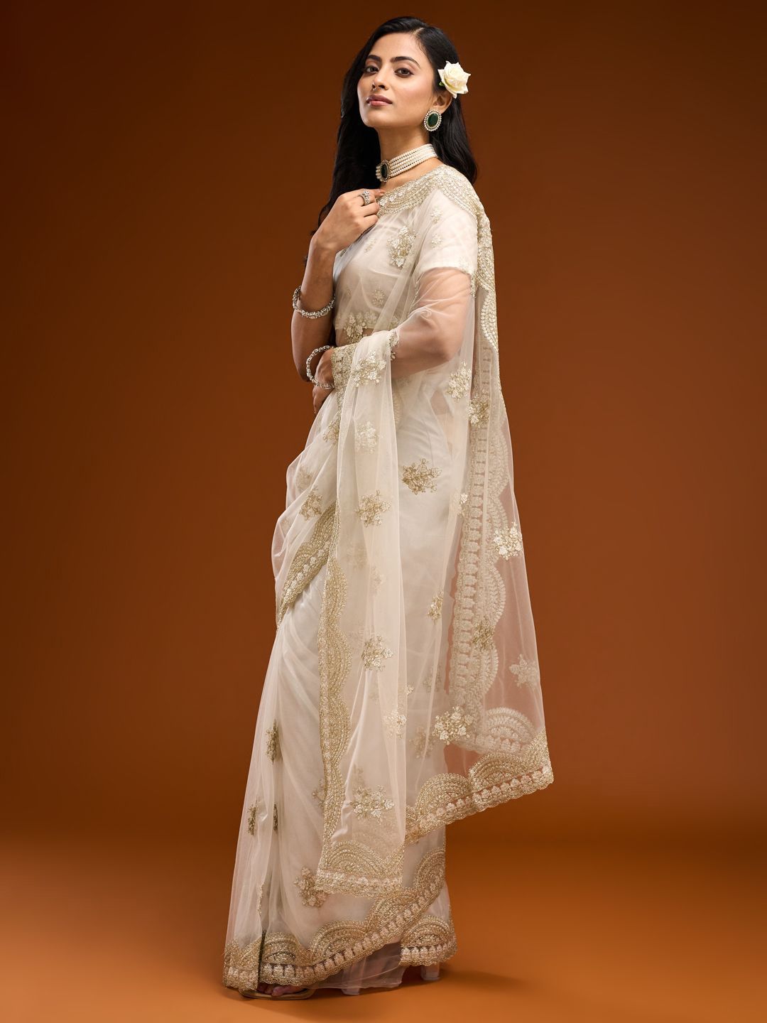 kasee Floral Embroidered Net Saree - Distacart