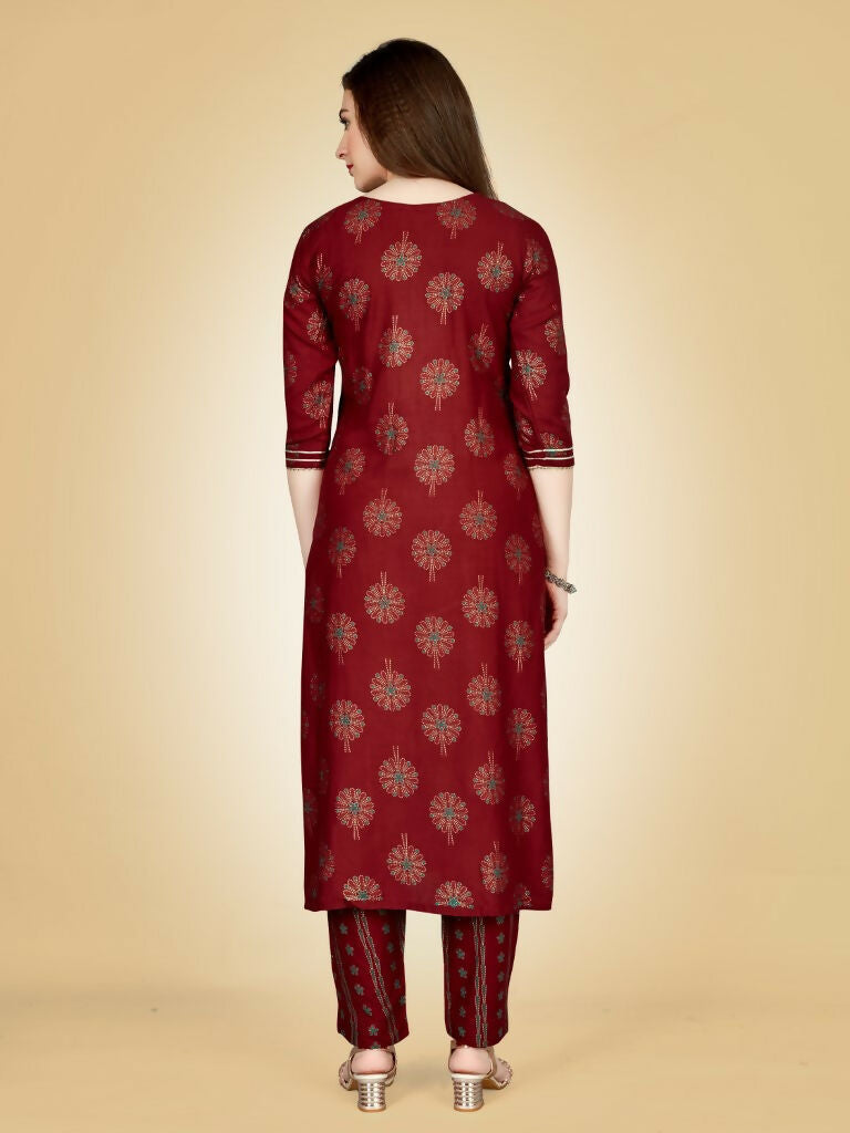 Jyoti Fashion Women's Maroon Viscose Rayon Embroidered Kurta Pant Set - Distacart