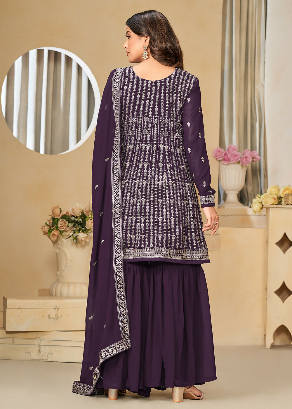 Faux Georgette Purple Embroidered Gharara Style Suit - Emponline - Distacart