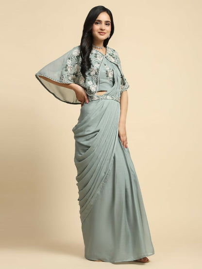 Sea Green Chiffon Solid Ready to wear Saree with stitched Blouse - Aayan - Distacart